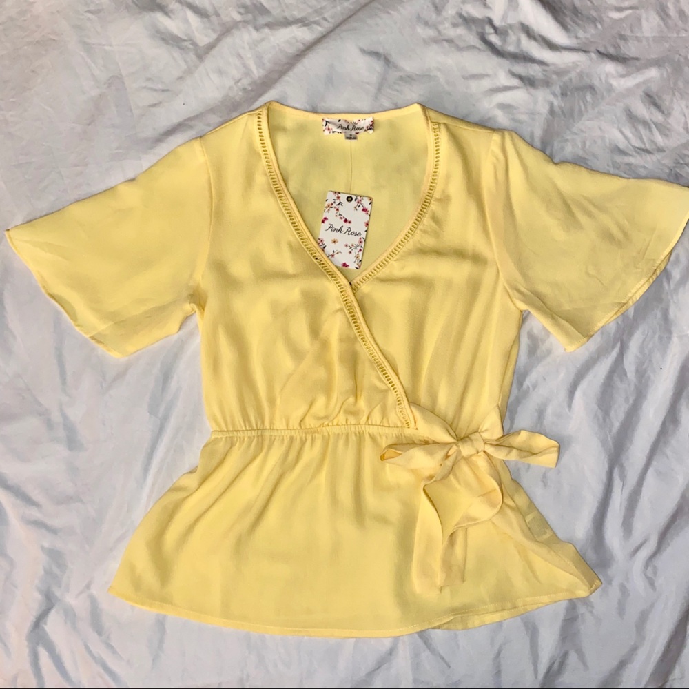 Pink Rose - NWT yellow faux wrap top Sz S